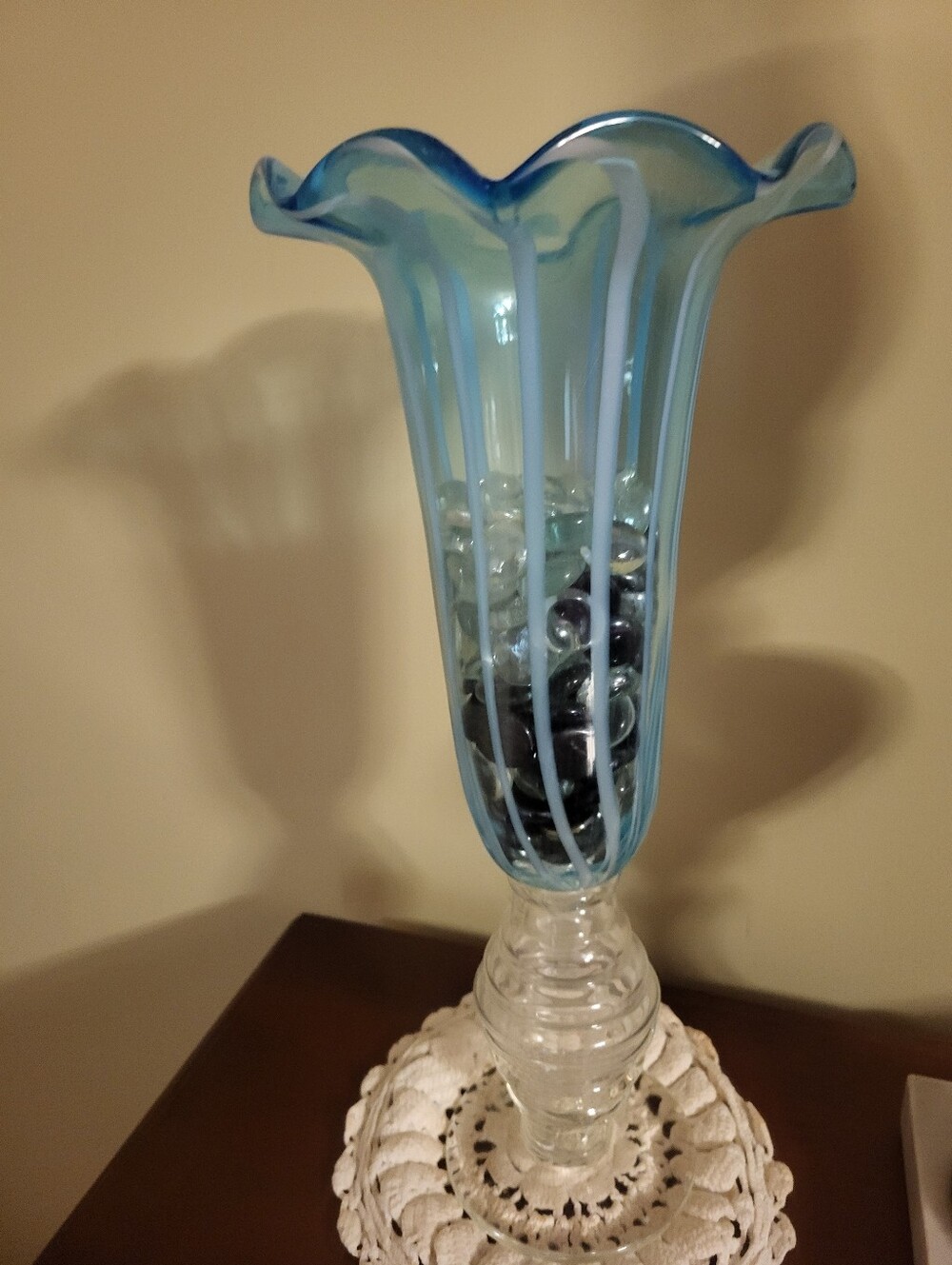 Tall Pale Blue & White Strips Art Glass Vase with Fluted Rim